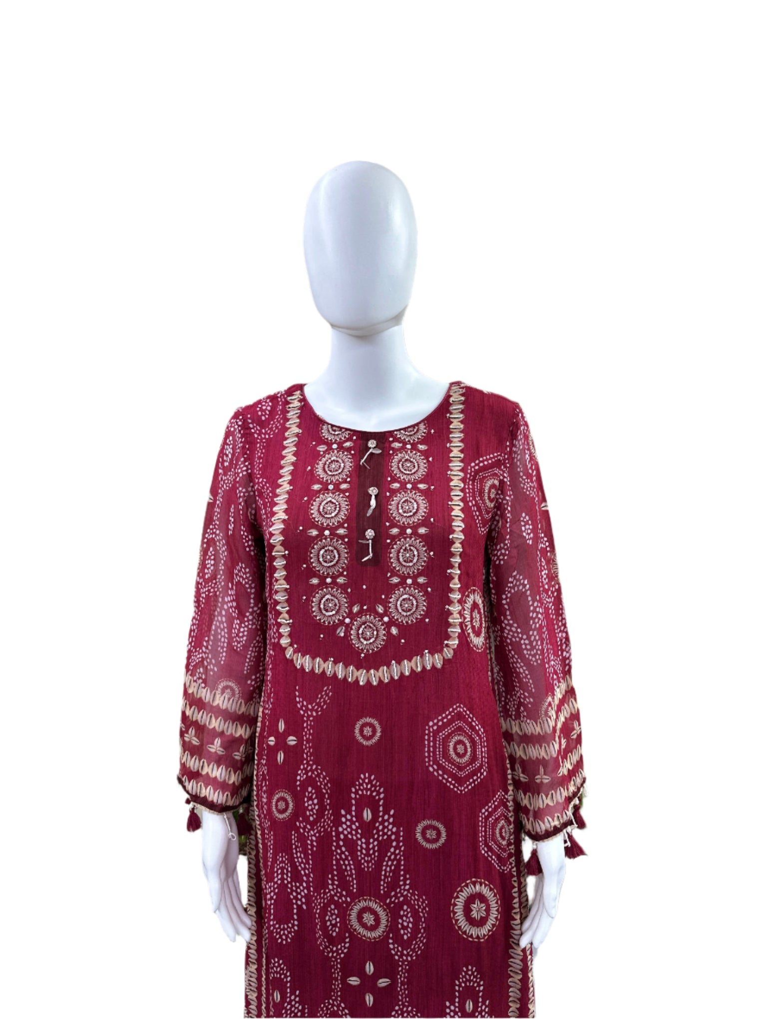 Premium Georgette 3-Piece Set - Straight Top with Mul Lining & Handwork, Muslin Loose Pants & Bordered Chiffon Dupatta - Rich Maroon