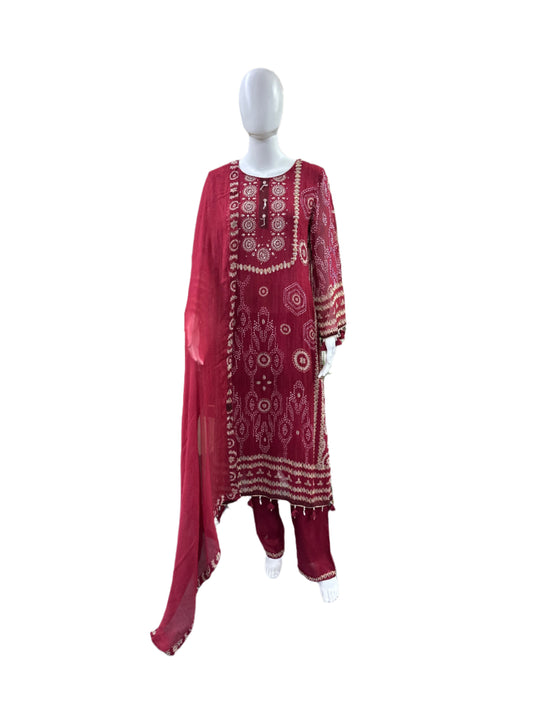 Premium Georgette 3-Piece Set - Straight Top with Mul Lining & Handwork, Muslin Loose Pants & Bordered Chiffon Dupatta - Rich Maroon