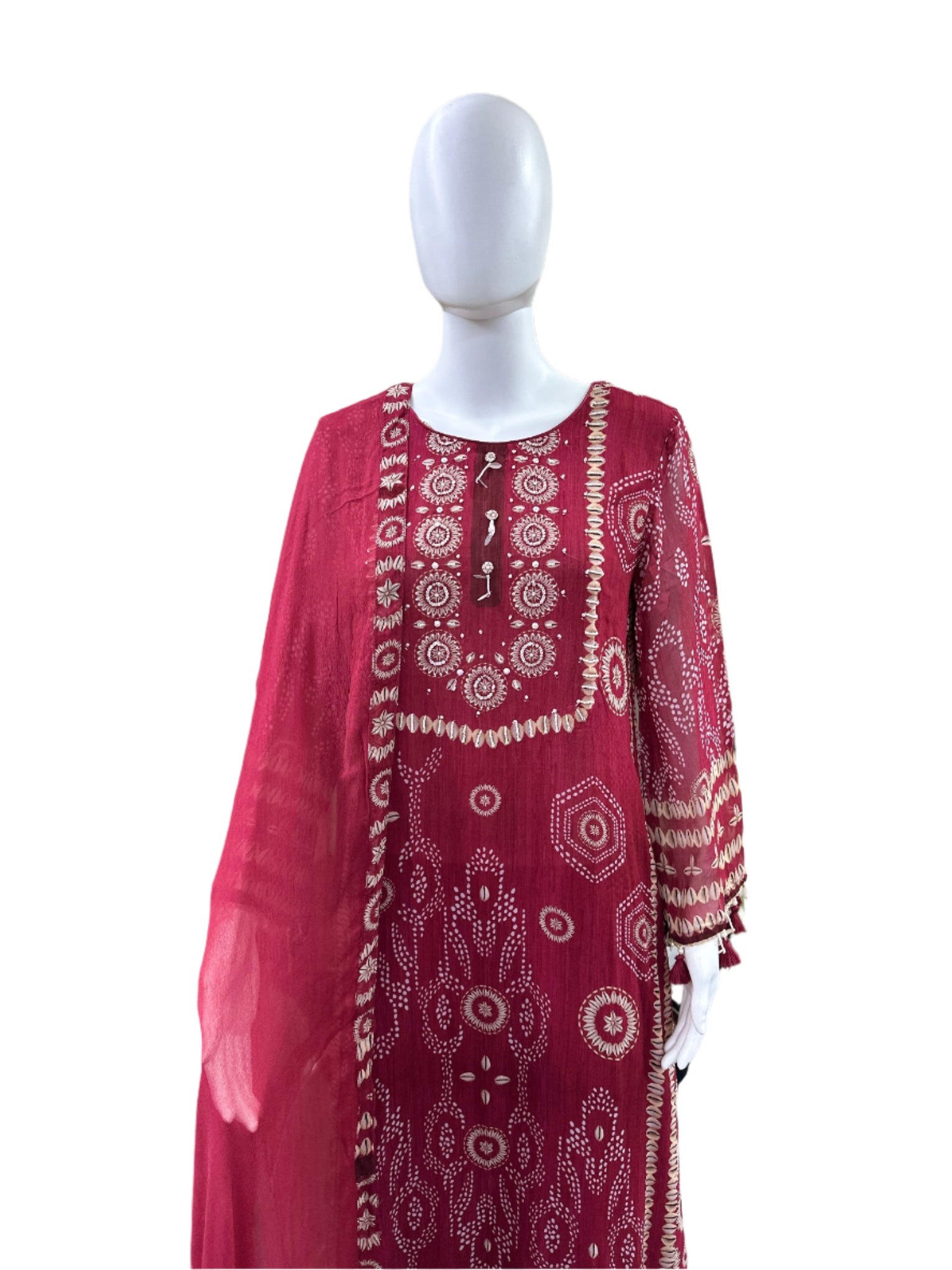 Premium Georgette 3-Piece Set - Straight Top with Mul Lining & Handwork, Muslin Loose Pants & Bordered Chiffon Dupatta - Rich Maroon