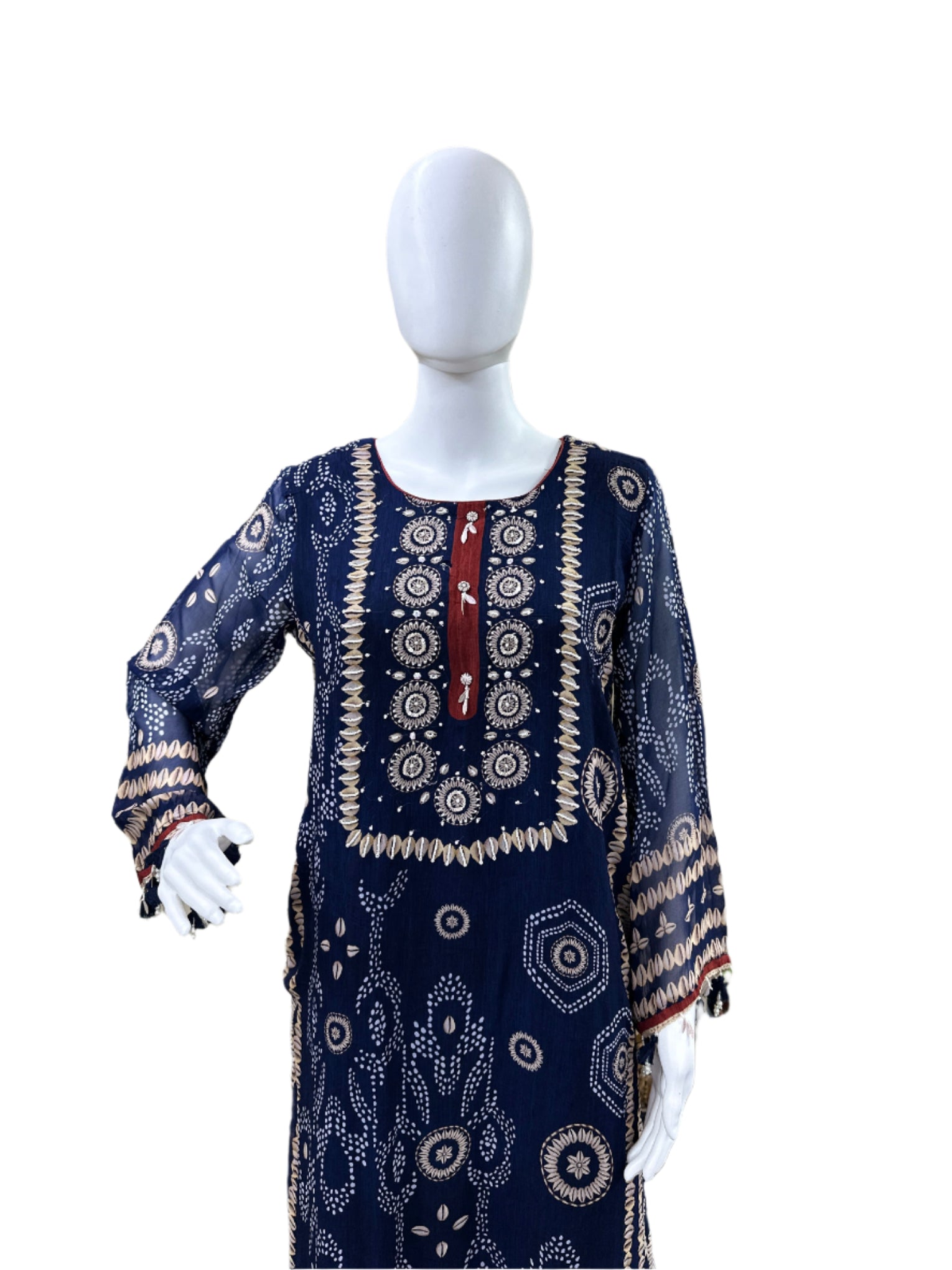 Premium Georgette 3-Piece Set - Straight Top with Mul Lining & Handwork, Muslin Loose Pants & Bordered Chiffon Dupatta - Navy Blue