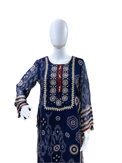 Premium Georgette 3-Piece Set - Straight Top with Mul Lining & Handwork, Muslin Loose Pants & Bordered Chiffon Dupatta - Navy Blue