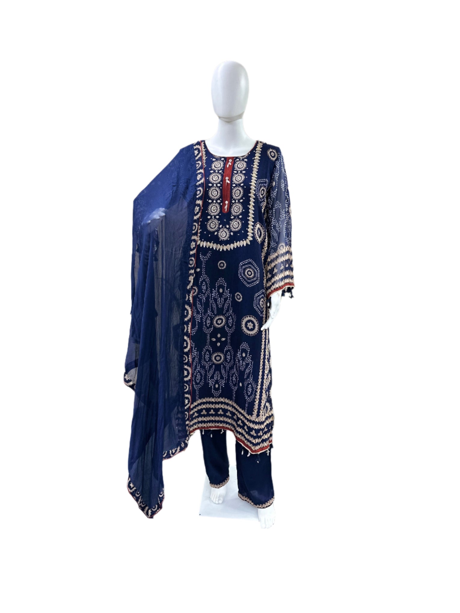 Premium Georgette 3-Piece Set - Straight Top with Mul Lining & Handwork, Muslin Loose Pants & Bordered Chiffon Dupatta - Navy Blue
