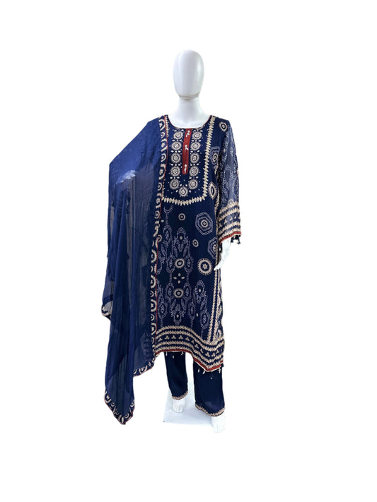 Premium Georgette 3-Piece Set - Straight Top with Mul Lining & Handwork, Muslin Loose Pants & Bordered Chiffon Dupatta - Navy Blue