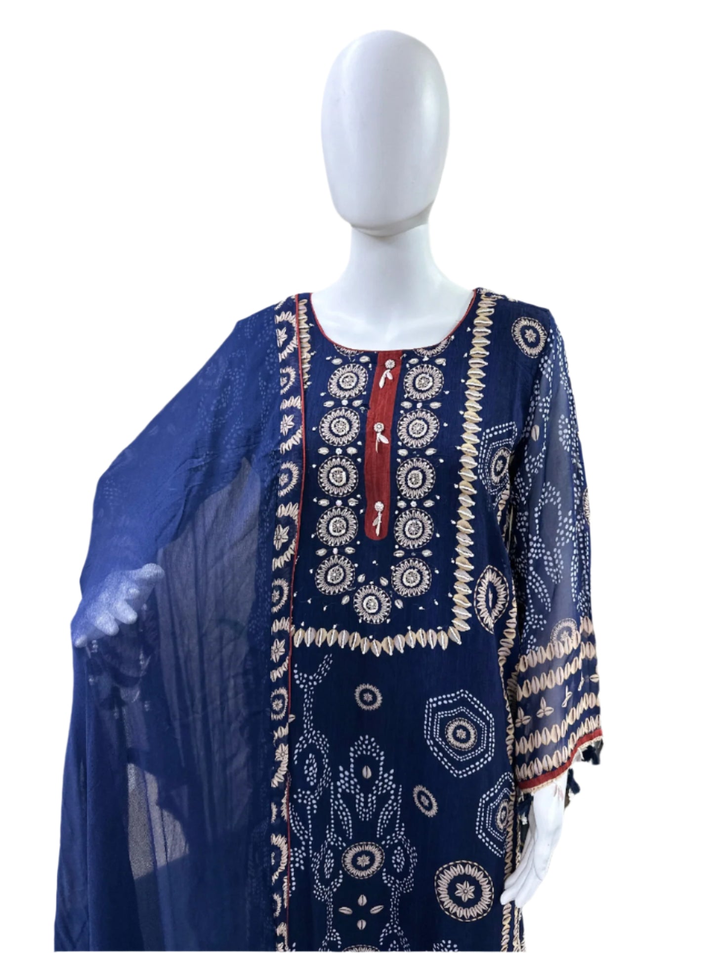Premium Georgette 3-Piece Set - Straight Top with Mul Lining & Handwork, Muslin Loose Pants & Bordered Chiffon Dupatta - Navy Blue