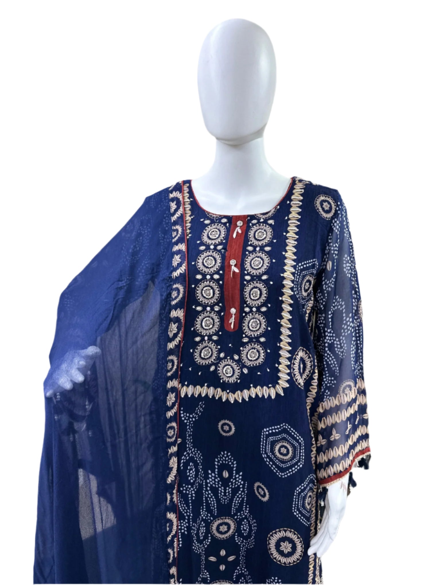 Premium Georgette 3-Piece Set - Straight Top with Mul Lining & Handwork, Muslin Loose Pants & Bordered Chiffon Dupatta - Navy Blue