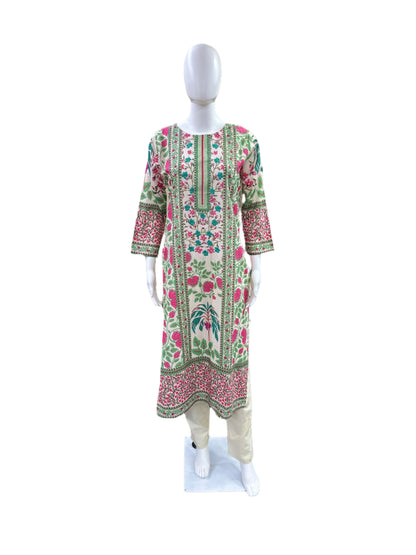 Premium Cotton 3-Piece Set - Straight Floral Printed Top with Hand Embroidered Yoke, Straight Pants & Matching Printed Dupatta - Elegant Floral Beige