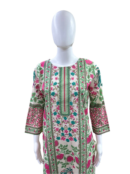 Premium Cotton 3-Piece Set - Straight Floral Printed Top with Hand Embroidered Yoke, Straight Pants & Matching Printed Dupatta - Elegant Floral Beige