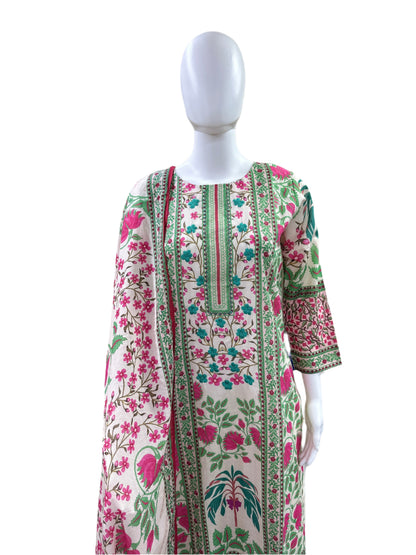 Premium Cotton 3-Piece Set - Straight Floral Printed Top with Hand Embroidered Yoke, Straight Pants & Matching Printed Dupatta - Elegant Floral Beige
