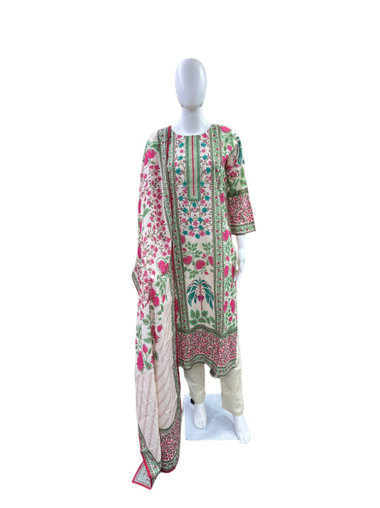 Premium Cotton 3-Piece Set - Straight Floral Printed Top with Hand Embroidered Yoke, Straight Pants & Matching Printed Dupatta - Elegant Floral Beige