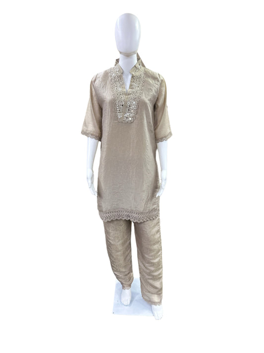 Luxury Tissue Silk 2-Piece Set - Straight Top with Mirror Work Yoke & Lace Detailing on Hemline & Sleeves, Straight Pants with Lace - Elegant Light Brown