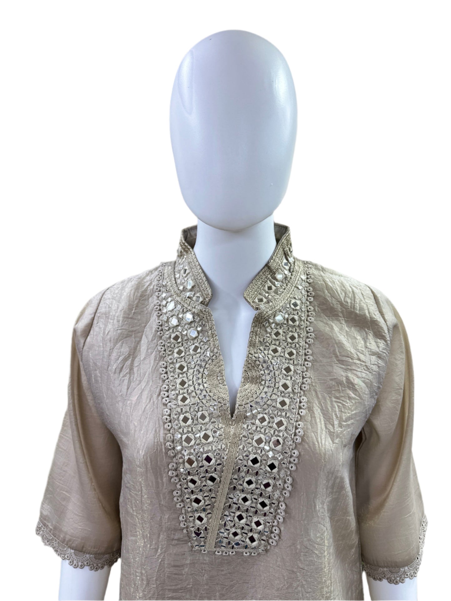 Luxury Tissue Silk 2-Piece Set - Straight Top with Mirror Work Yoke & Lace Detailing on Hemline & Sleeves, Straight Pants with Lace - Elegant Light Brown