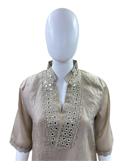 Luxury Tissue Silk 2-Piece Set - Straight Top with Mirror Work Yoke & Lace Detailing on Hemline & Sleeves, Straight Pants with Lace - Elegant Light Brown