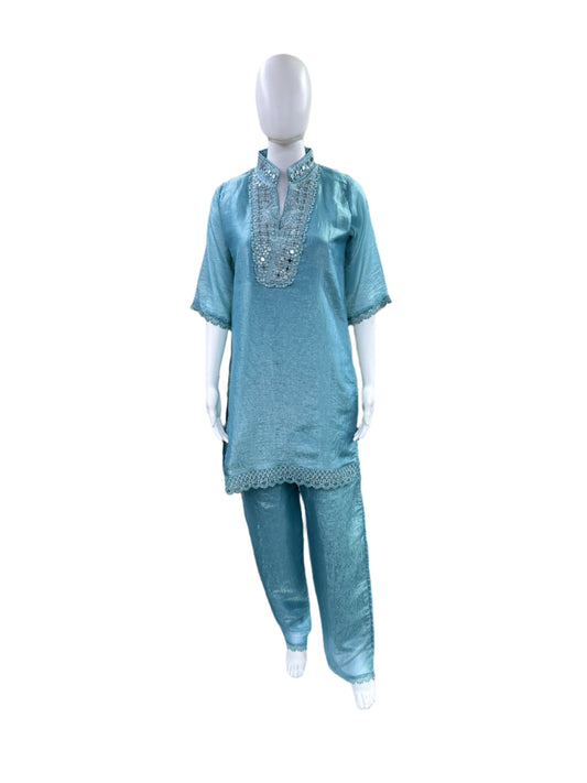 Luxury Tissue Silk 2-Piece Set - Straight Top with Mirror Work Yoke & Lace Detailing on Hemline & Sleeves, Straight Pants with Lace - Serene Sky Blue