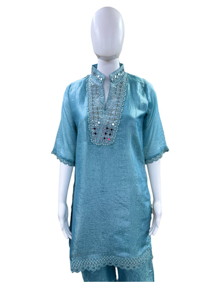 Luxury Tissue Silk 2-Piece Set - Straight Top with Mirror Work Yoke & Lace Detailing on Hemline & Sleeves, Straight Pants with Lace - Serene Sky Blue