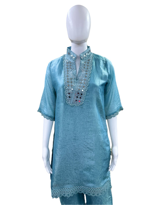 Luxury Tissue Silk 2-Piece Set - Straight Top with Mirror Work Yoke & Lace Detailing on Hemline & Sleeves, Straight Pants with Lace - Serene Sky Blue