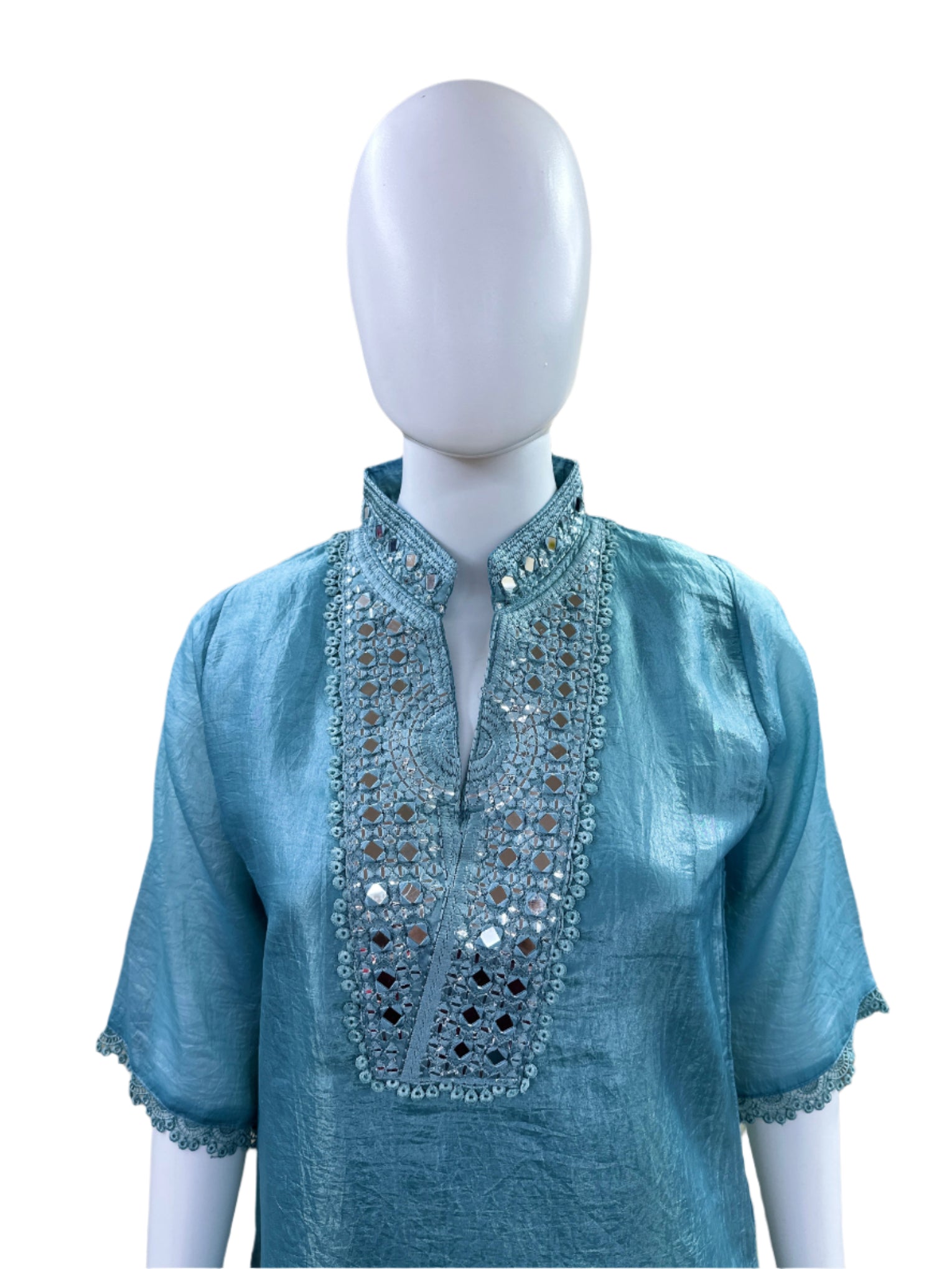 Luxury Tissue Silk 2-Piece Set - Straight Top with Mirror Work Yoke & Lace Detailing on Hemline & Sleeves, Straight Pants with Lace - Serene Sky Blue