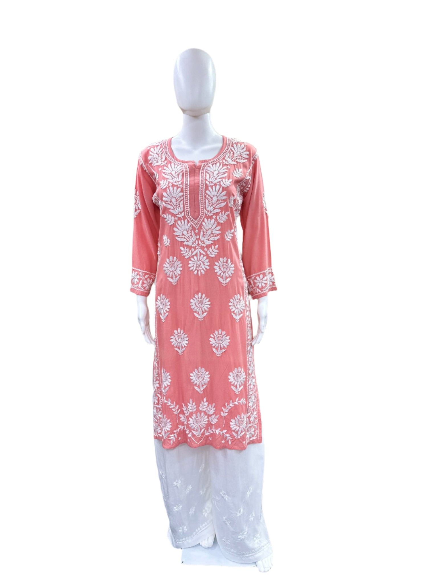 Premium Peach Rayon Long Kurti (Top Only) - Lucknowi 3D Handwork with Elegant Side Panel Embroidery - Traditional Chikankari Craftsmanship