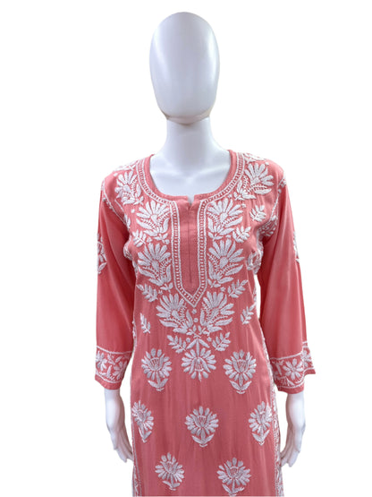 Premium Peach Rayon Long Kurti (Top Only) - Lucknowi 3D Handwork with Elegant Side Panel Embroidery - Traditional Chikankari Craftsmanship