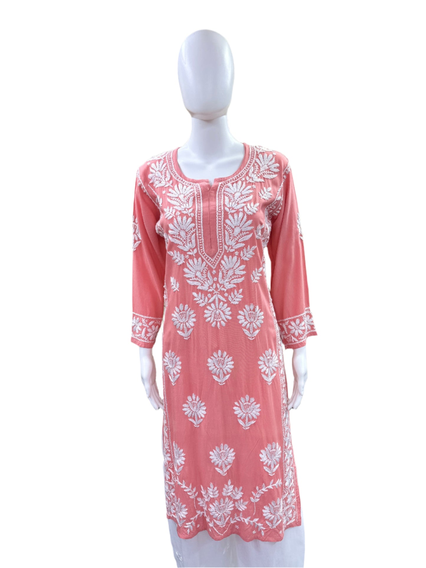 Premium Peach Rayon Long Kurti (Top Only) - Lucknowi 3D Handwork with Elegant Side Panel Embroidery - Traditional Chikankari Craftsmanship