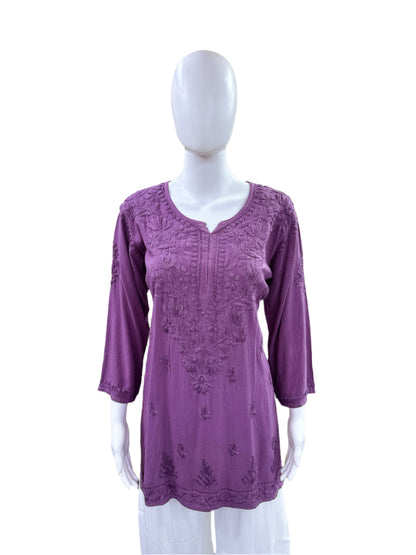 Lavender Rayon Short Kurti (Top Only) - Lucknowi 3D Handwork with Tone to Tone Embroidery - Traditional Chikankari Craftsmanship