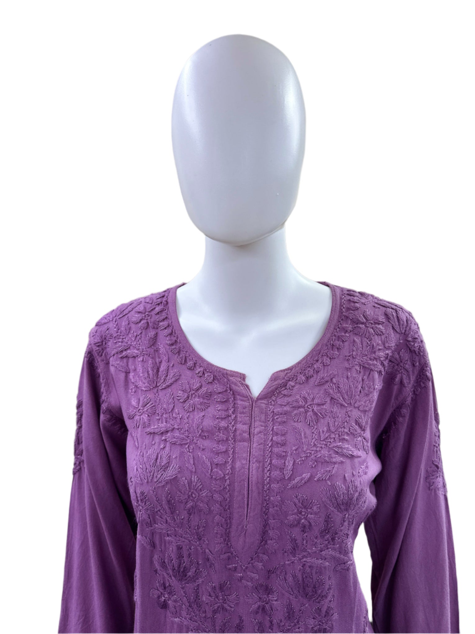 Lavender Rayon Short Kurti (Top Only) - Lucknowi 3D Handwork with Tone to Tone Embroidery - Traditional Chikankari Craftsmanship