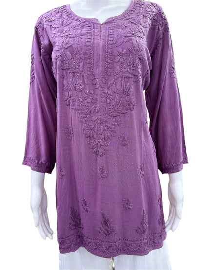 Lavender Rayon Short Kurti (Top Only) - Lucknowi 3D Handwork with Tone to Tone Embroidery - Traditional Chikankari Craftsmanship