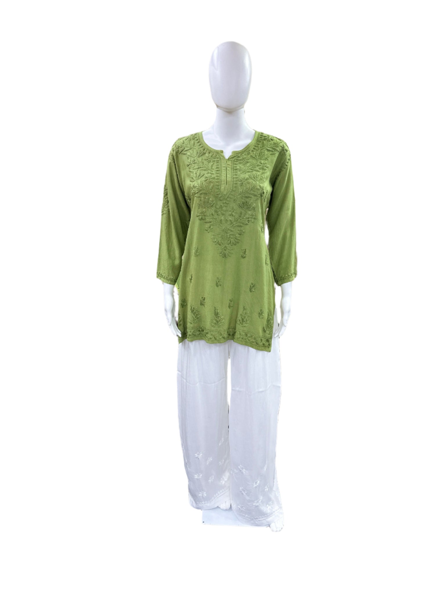Premium Green Rayon Short Kurti (Top Only)- Lucknowi 3D Handwork with Tone to Tone Embroidery - Traditional Chikankari Craftsmanship