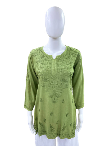 Premium Green Rayon Short Kurti (Top Only)- Lucknowi 3D Handwork with Tone to Tone Embroidery - Traditional Chikankari Craftsmanship