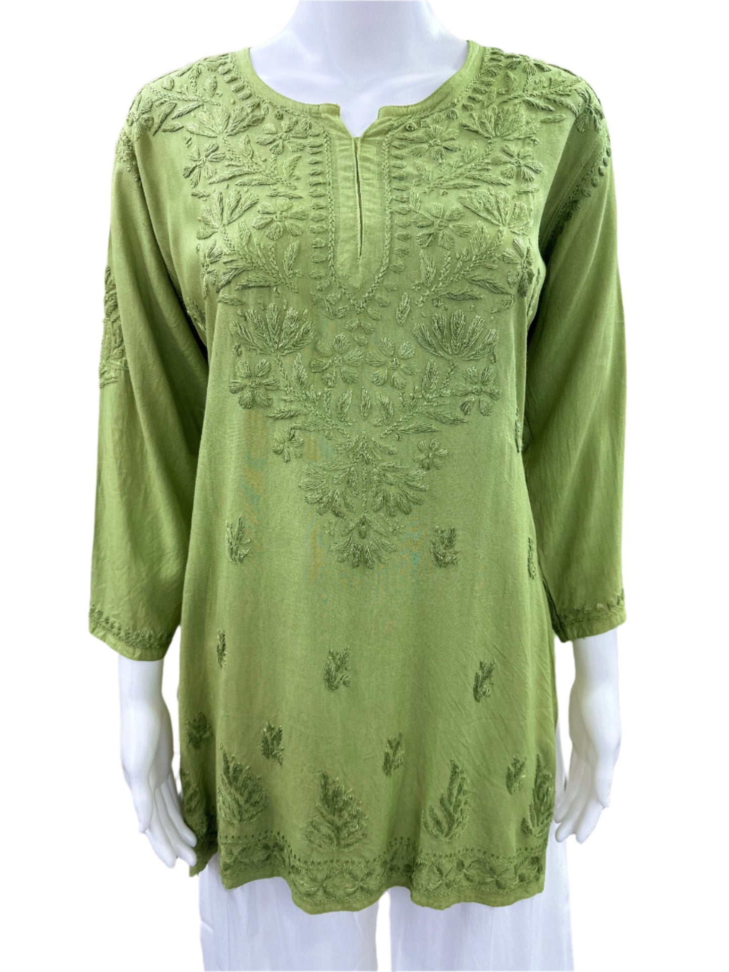 Premium Green Rayon Short Kurti (Top Only)- Lucknowi 3D Handwork with Tone to Tone Embroidery - Traditional Chikankari Craftsmanship