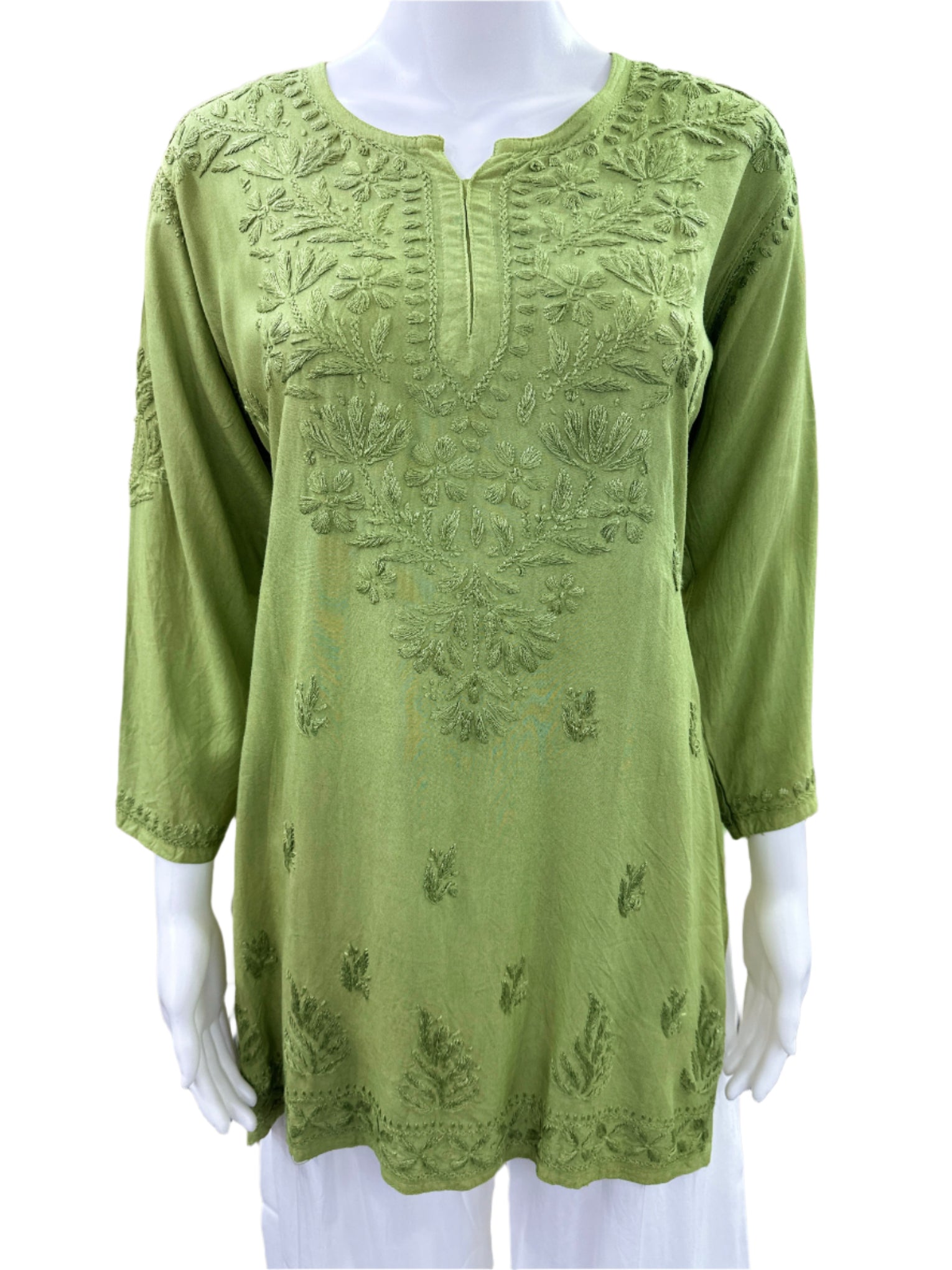 Premium Green Rayon Short Kurti (Top Only)- Lucknowi 3D Handwork with Tone to Tone Embroidery - Traditional Chikankari Craftsmanship