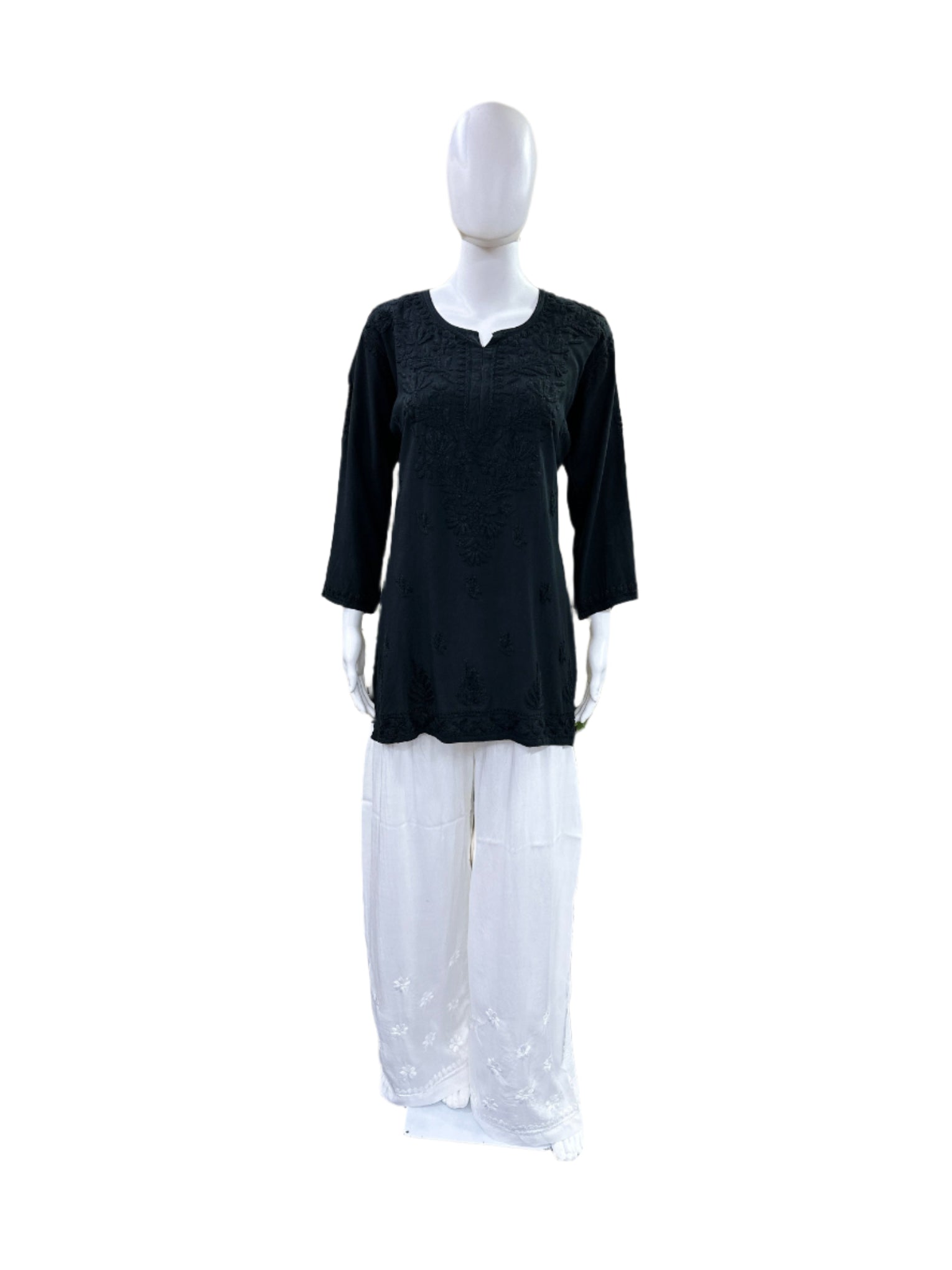 Black - Premium Rayon Lucknowi 3D Handwork Short Kurti - Elegant Tone to Tone Embroidery - Traditional Chikankari Craftsmanship