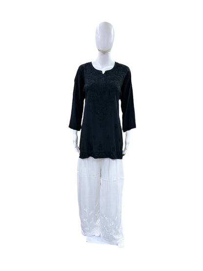 Black - Premium Rayon Lucknowi 3D Handwork Short Kurti - Elegant Tone to Tone Embroidery - Traditional Chikankari Craftsmanship