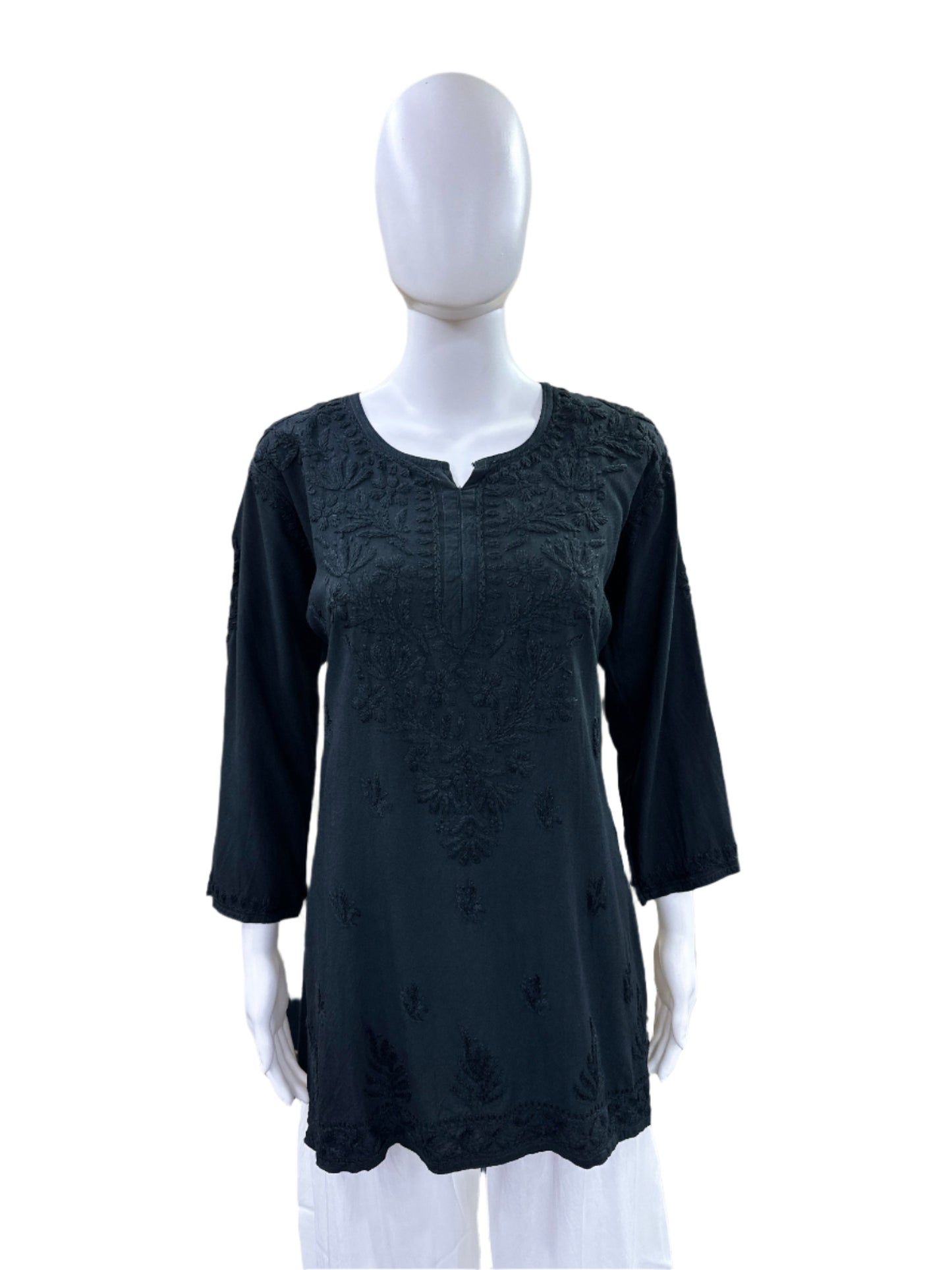 Black - Premium Rayon Lucknowi 3D Handwork Short Kurti - Elegant Tone to Tone Embroidery - Traditional Chikankari Craftsmanship