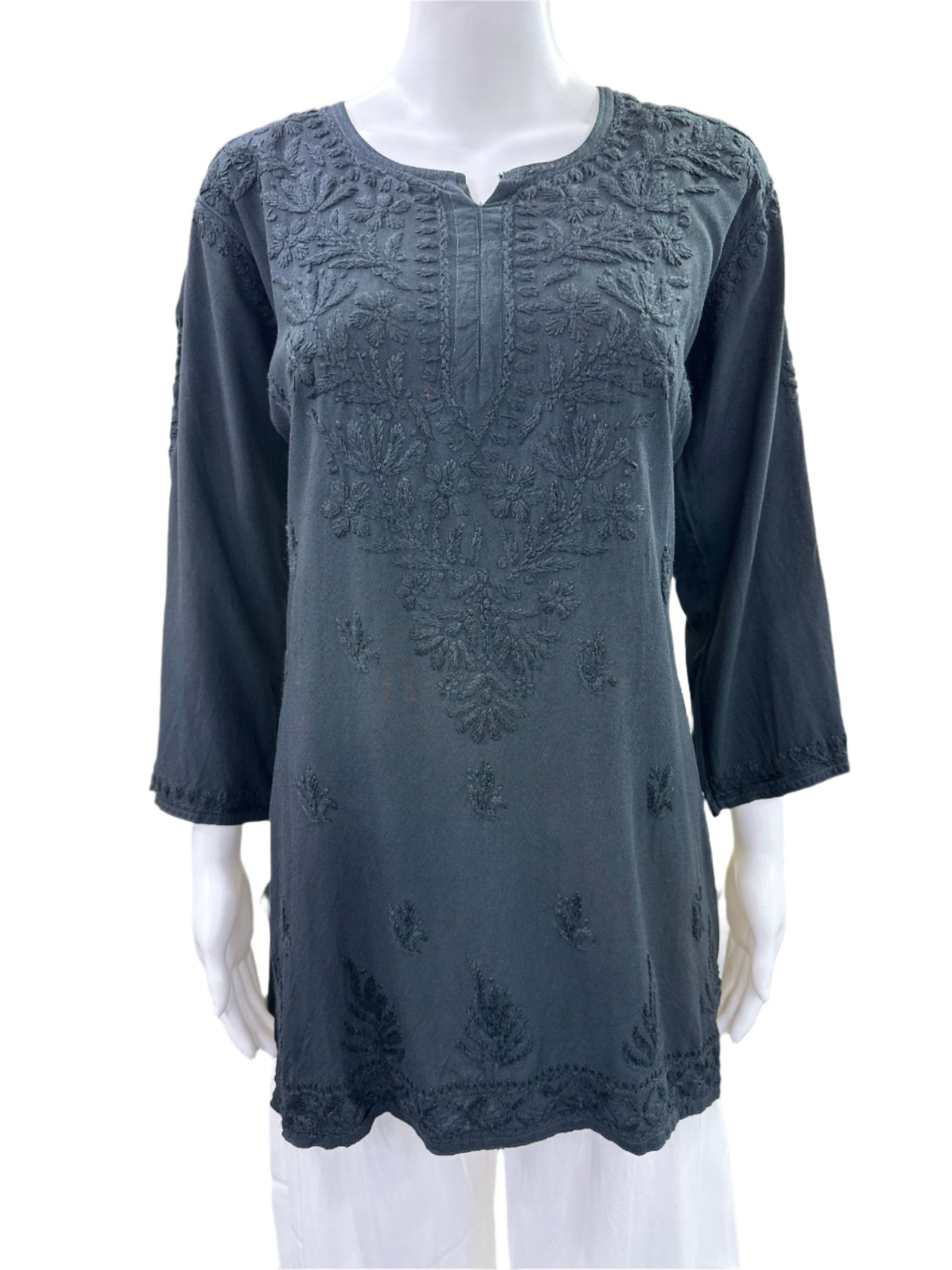 Black - Premium Rayon Lucknowi 3D Handwork Short Kurti - Elegant Tone to Tone Embroidery - Traditional Chikankari Craftsmanship