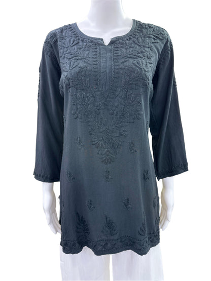 Black - Premium Rayon Lucknowi 3D Handwork Short Kurti - Elegant Tone to Tone Embroidery - Traditional Chikankari Craftsmanship