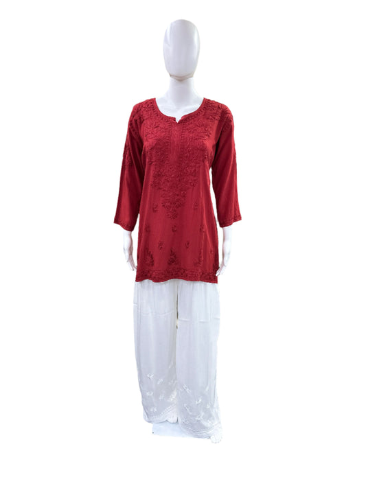 Brick - Premium Rayon Lucknowi 3D Handwork Short Kurti (Top only) - Elegant Tone to Tone Embroidery - Traditional Chikankari Craftsmanship