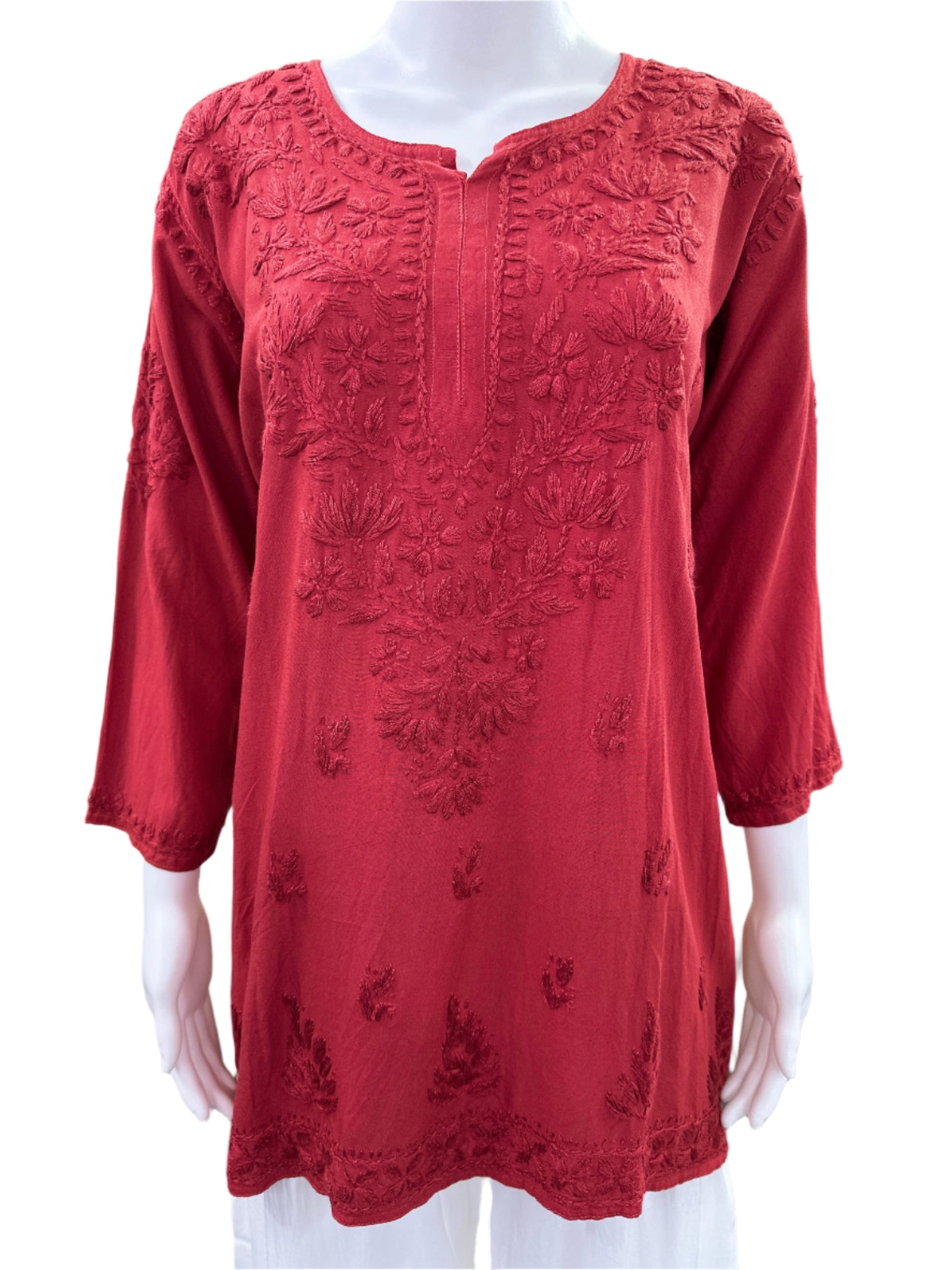 Brick - Premium Rayon Lucknowi 3D Handwork Short Kurti (Top only) - Elegant Tone to Tone Embroidery - Traditional Chikankari Craftsmanship