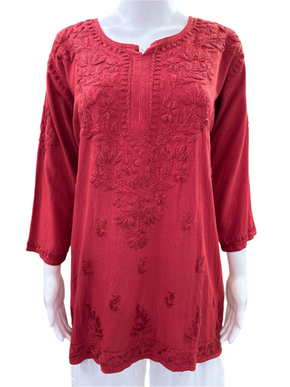 Brick - Premium Rayon Lucknowi 3D Handwork Short Kurti (Top only) - Elegant Tone to Tone Embroidery - Traditional Chikankari Craftsmanship