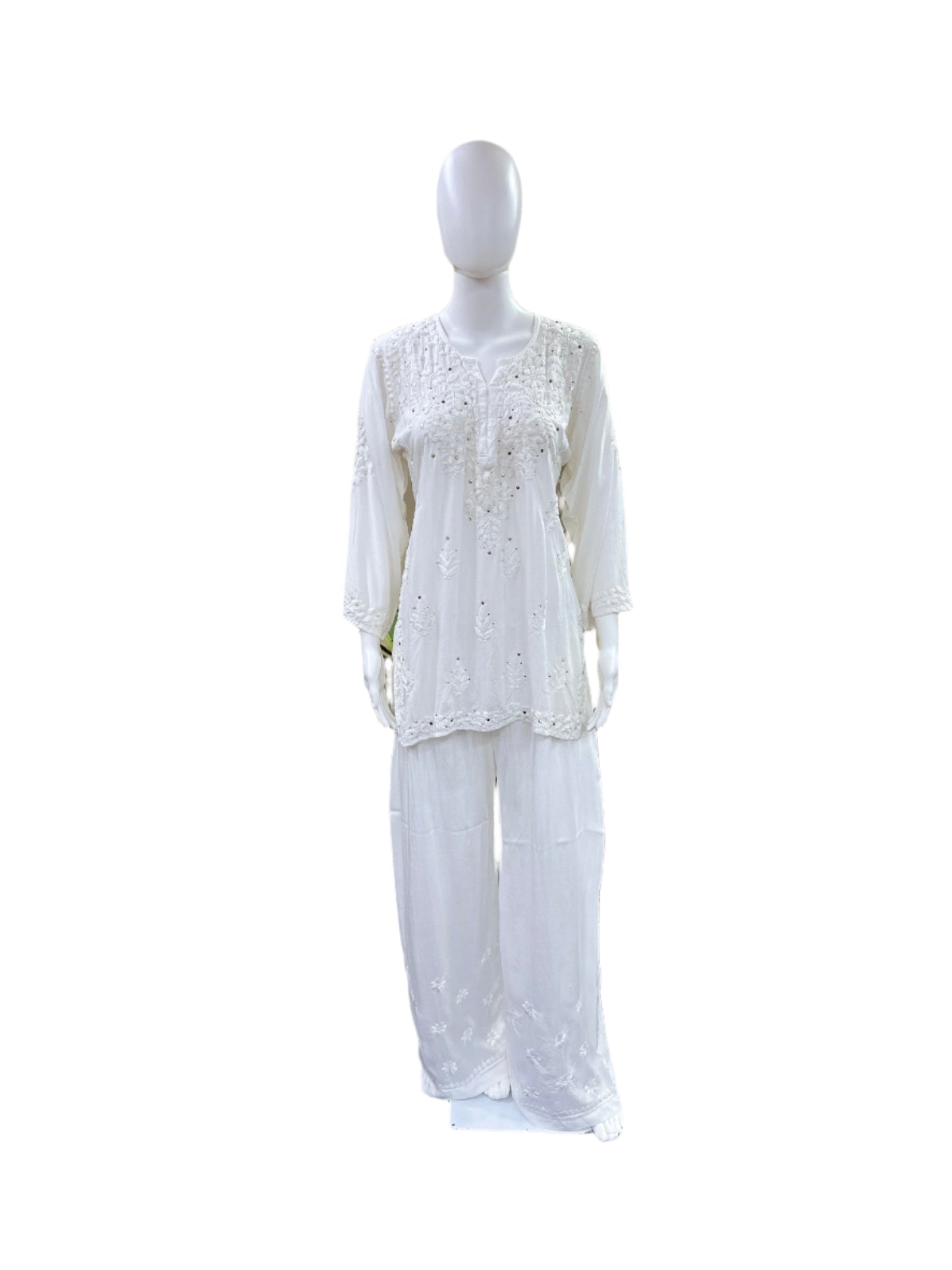 White - Premium Rayon Lucknowi 3D Handwork Short Kurti with Mukesh work (Top Only) - Elegant Tone to Tone Embroidery - Traditional Chikankari Craftsmanship