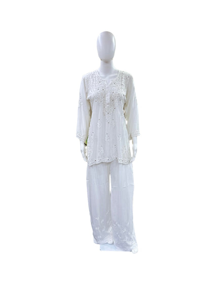 White - Premium Rayon Lucknowi 3D Handwork Short Kurti with Mukesh work (Top Only) - Elegant Tone to Tone Embroidery - Traditional Chikankari Craftsmanship