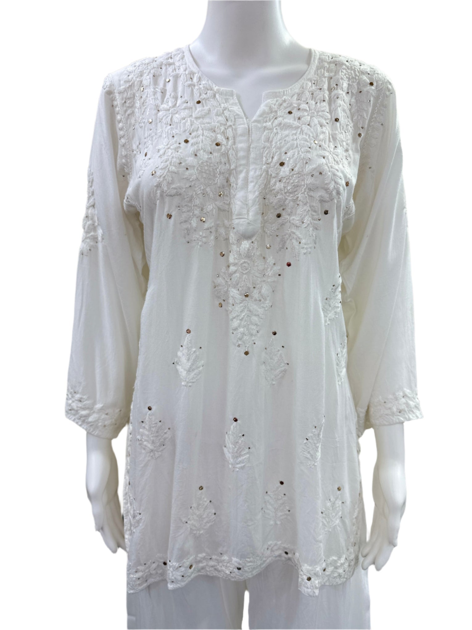 White - Premium Rayon Lucknowi 3D Handwork Short Kurti with Mukesh work (Top Only) - Elegant Tone to Tone Embroidery - Traditional Chikankari Craftsmanship