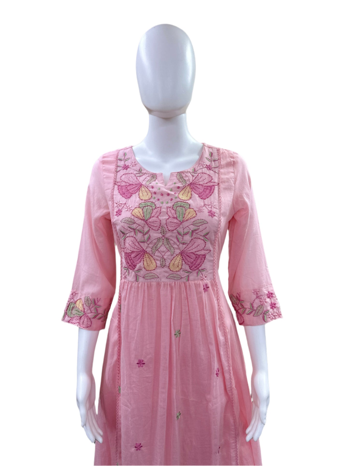 Premium Mul Cotton 3-Piece Set - Umbrella Top with Floral Yoke with Embroidery, Lining, Straight Pants & Lace Dupatta - Baby Pink