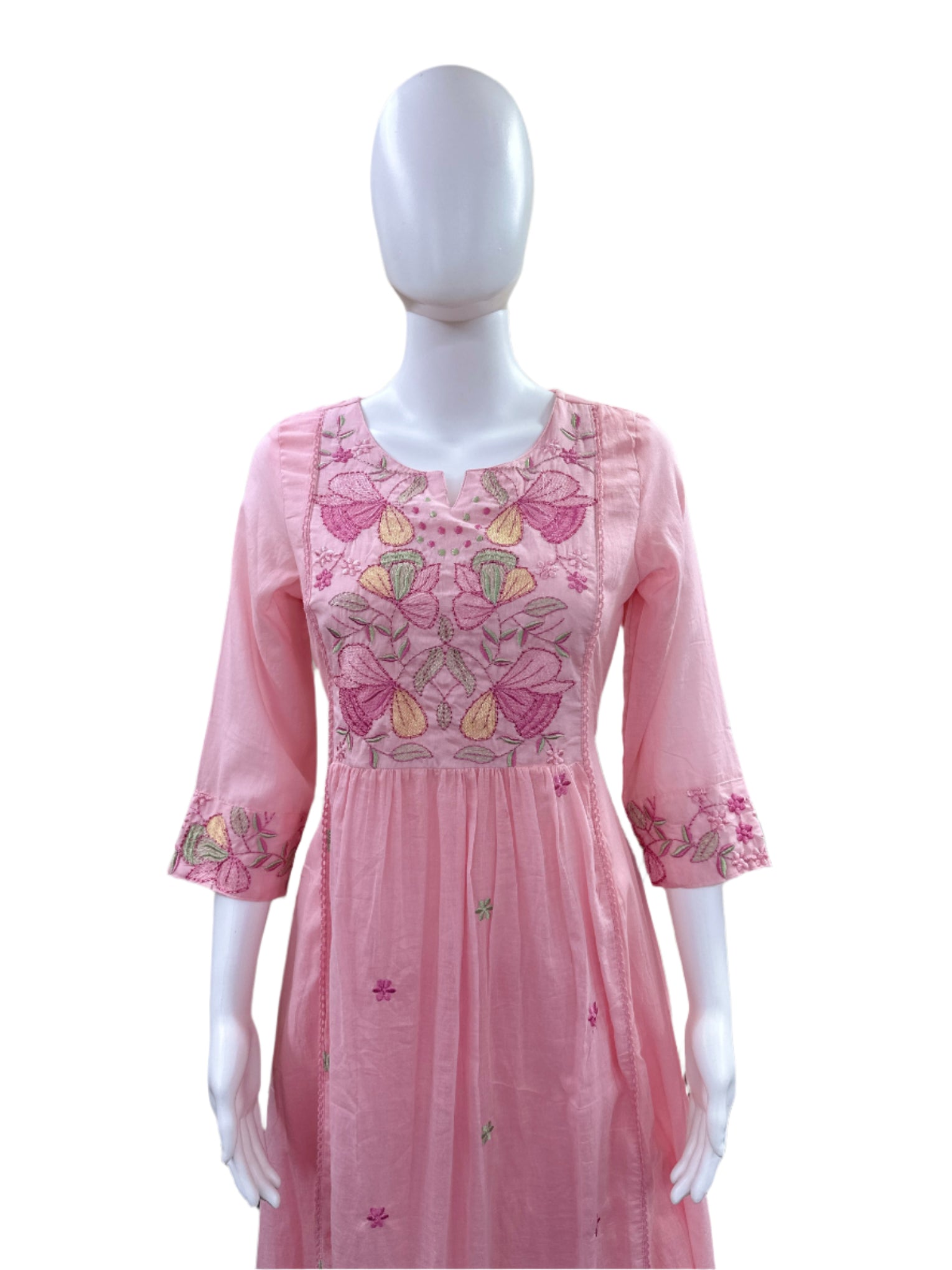 Premium Mul Cotton 3-Piece Set - Umbrella Top with Floral Yoke with Embroidery, Lining, Straight Pants & Lace Dupatta - Baby Pink
