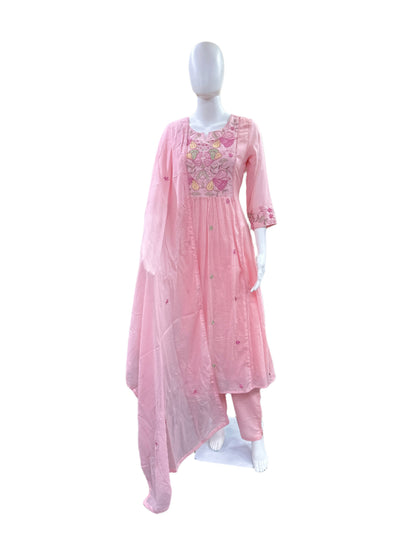 Premium Mul Cotton 3-Piece Set - Umbrella Top with Floral Yoke with Embroidery, Lining, Straight Pants & Lace Dupatta - Baby Pink
