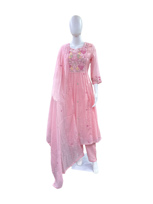 Premium Mul Cotton 3-Piece Set - Umbrella Top with Floral Yoke with Embroidery, Lining, Straight Pants & Lace Dupatta - Baby Pink