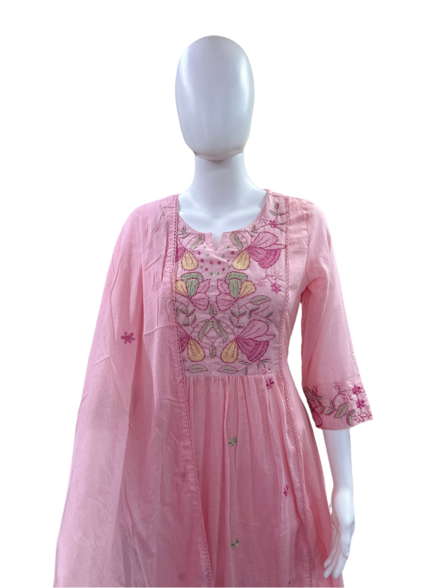 Premium Mul Cotton 3-Piece Set - Umbrella Top with Floral Yoke with Embroidery, Lining, Straight Pants & Lace Dupatta - Baby Pink