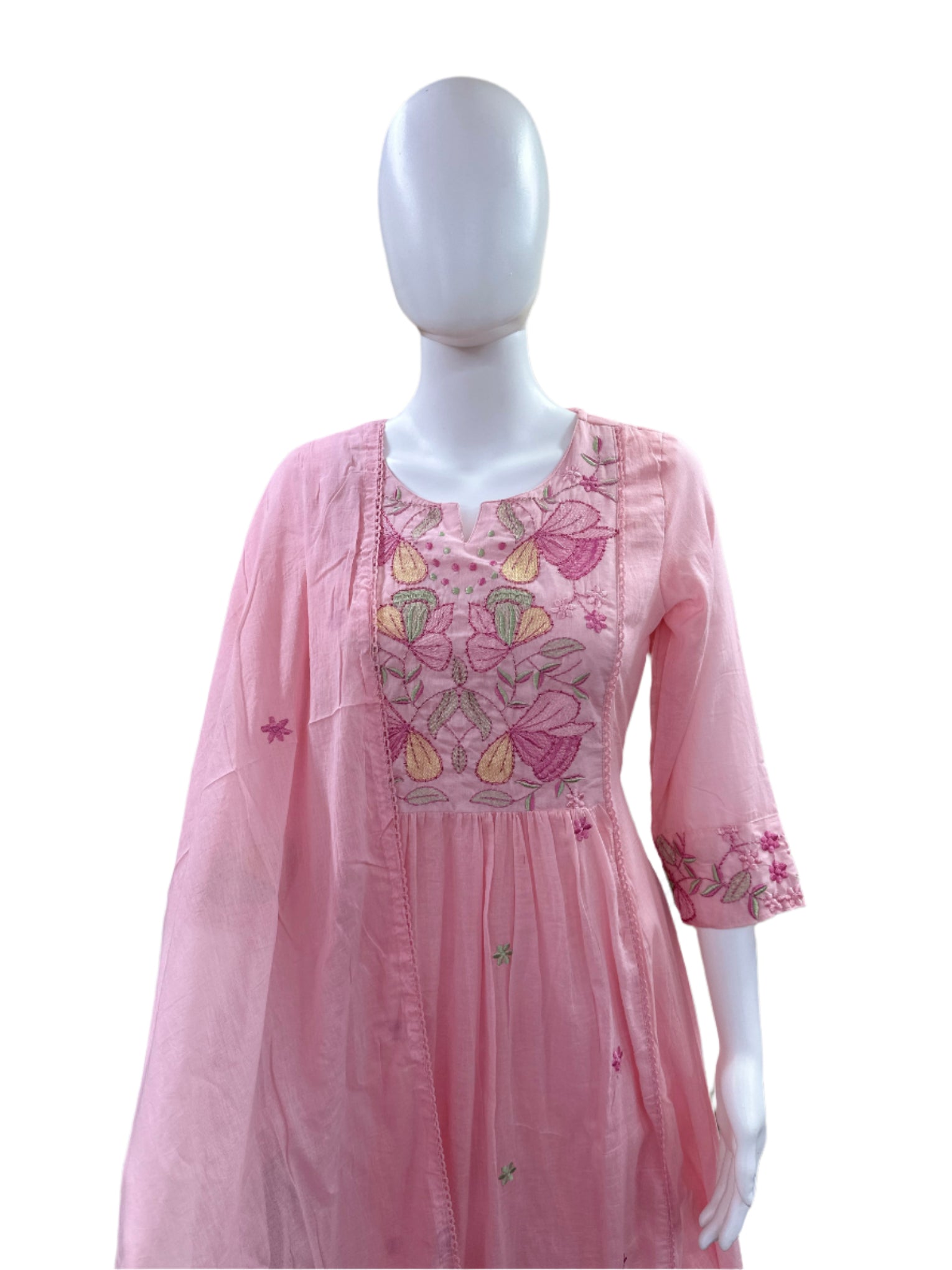 Premium Mul Cotton 3-Piece Set - Umbrella Top with Floral Yoke with Embroidery, Lining, Straight Pants & Lace Dupatta - Baby Pink