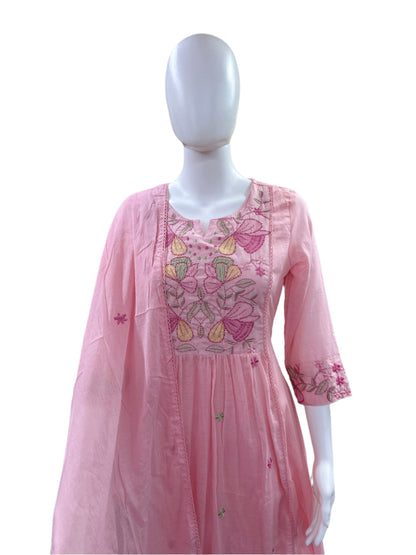 Premium Mul Cotton 3-Piece Set - Umbrella Top with Floral Yoke with Embroidery, Lining, Straight Pants & Lace Dupatta - Baby Pink