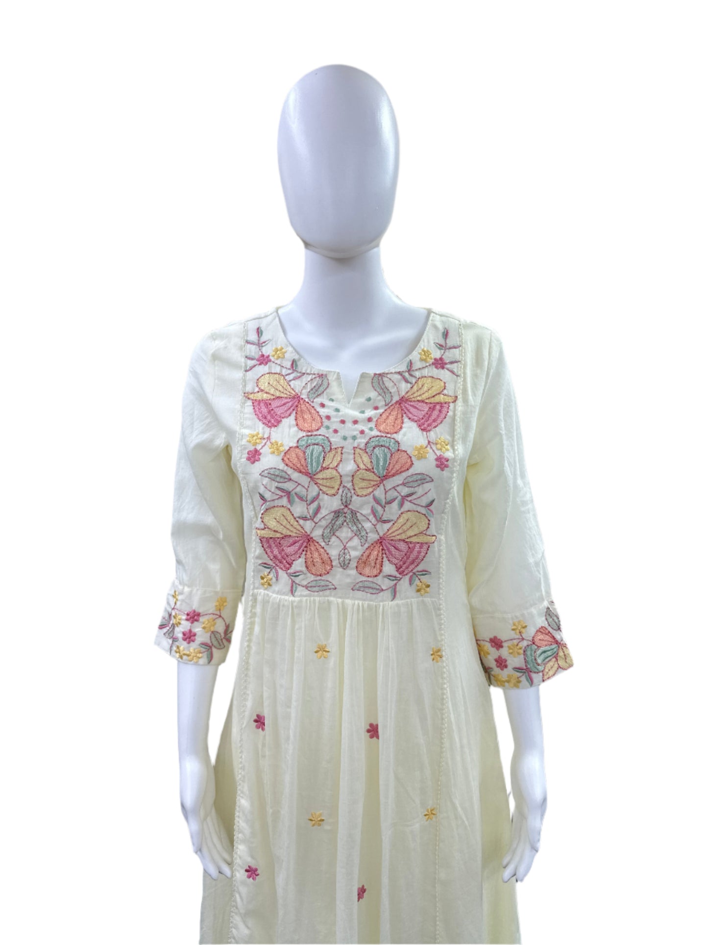 Premium Mul Cotton 3-Piece Set - Umbrella Top with Floral Embroidered Yoke & Lining, Straight Pants & Lace Dupatta - Elegant Off-White