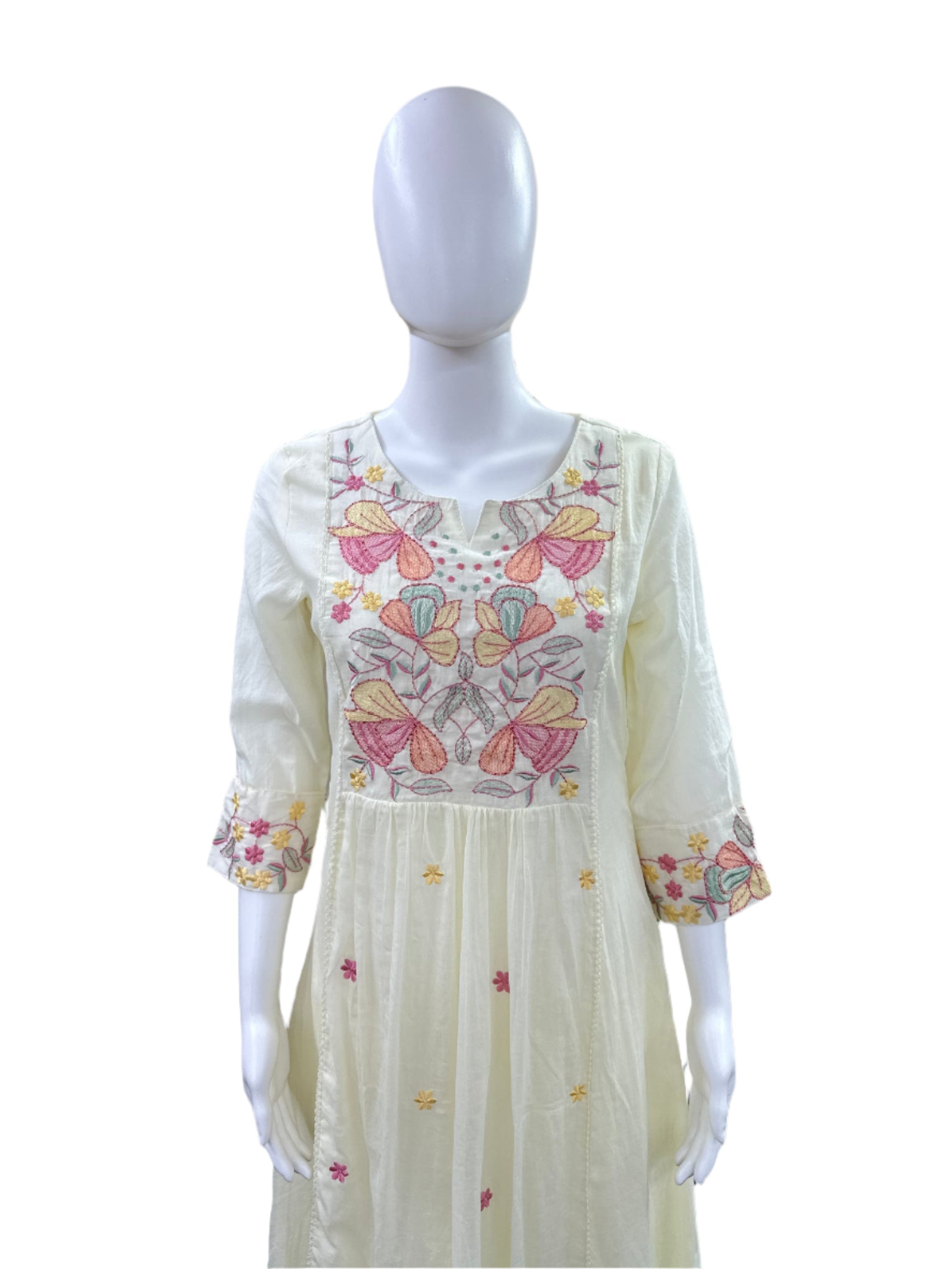 Premium Mul Cotton 3-Piece Set - Umbrella Top with Floral Embroidered Yoke & Lining, Straight Pants & Lace Dupatta - Elegant Off-White